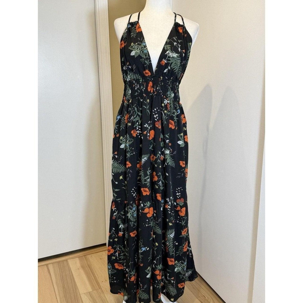 Floral Halter Maxi Dress Black Orange Poppy Print Smocked Waist Tiered Skirt